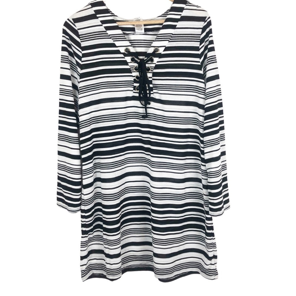 NWT L*Space by Monica Wise Black White Stripe Lace Up V Neck‎ Long Sleeve Dress